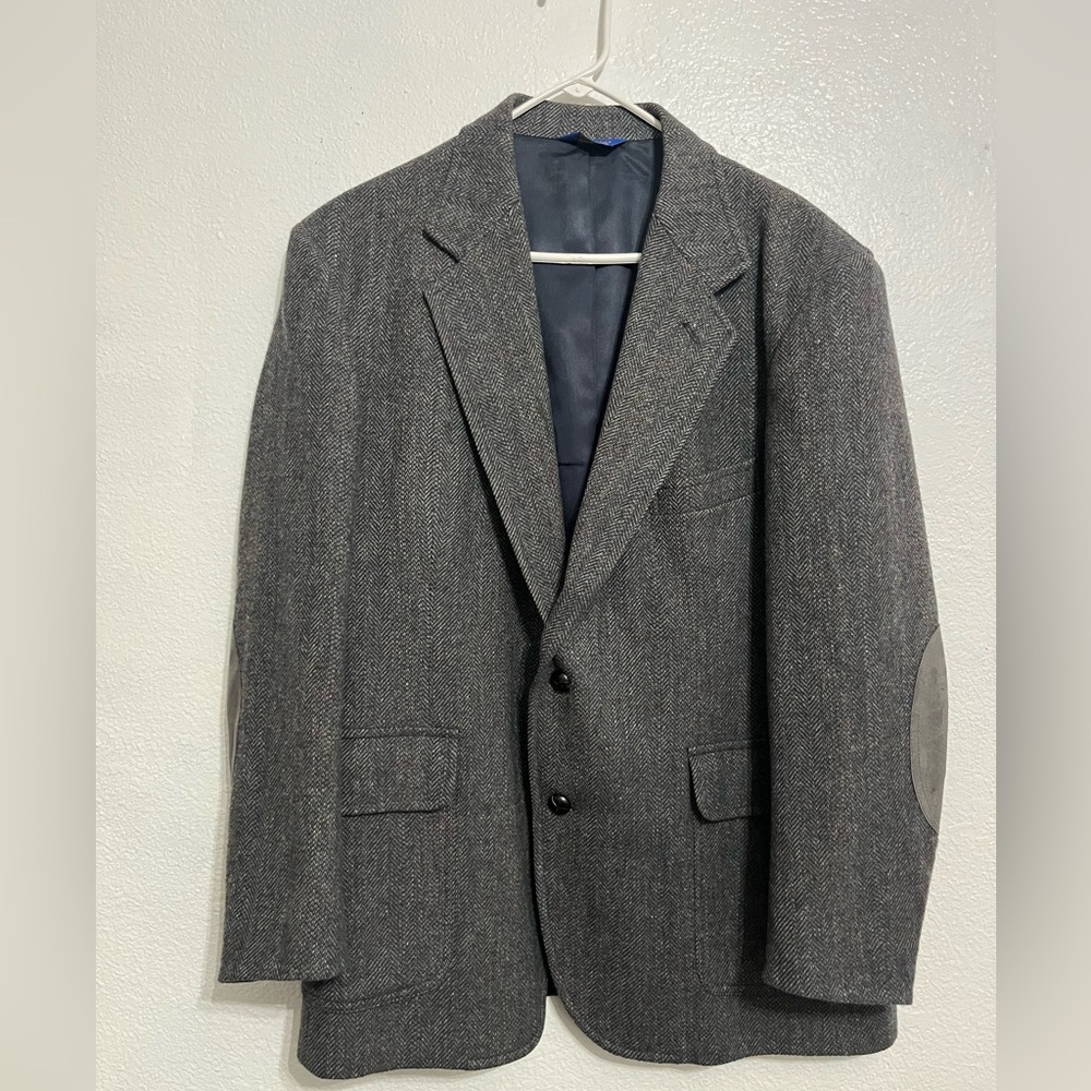 Pendleton Mens 44 Speckled Gray Tweed Wool Suede Elbow Patch single breasted